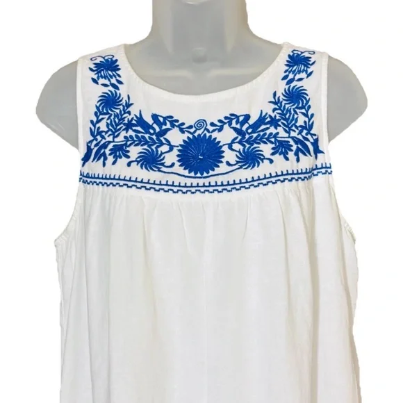 J. Crew Embroidered Dress Size M White Blue Linen Cotton Lined Beachy Boho - Picture 2 of 10